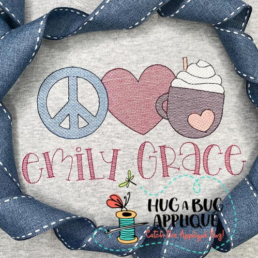 Peace Love Cocoa Sketch Stitch Embroidery Design, Embroidery