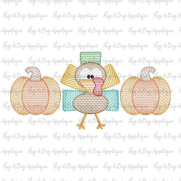 Pumpkin Turkey Trio Sketch Stitch Embroidery Design, Embroidery