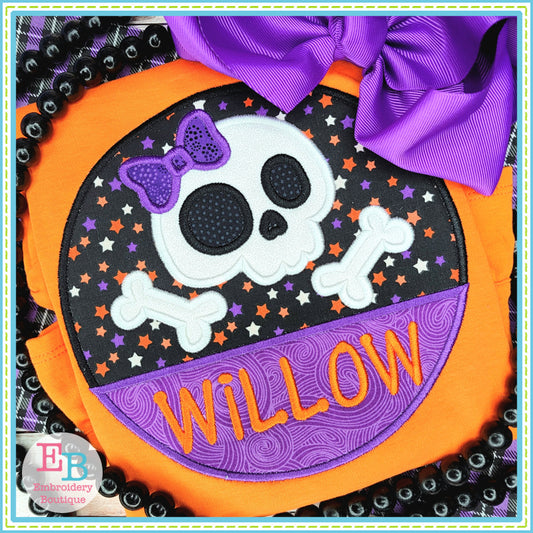 Skull Bones Bow Circle Split Satin Stitch Applique, Applique