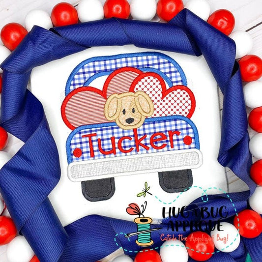 Truck Hearts Pup Satin Stitch Applique Design, Applique