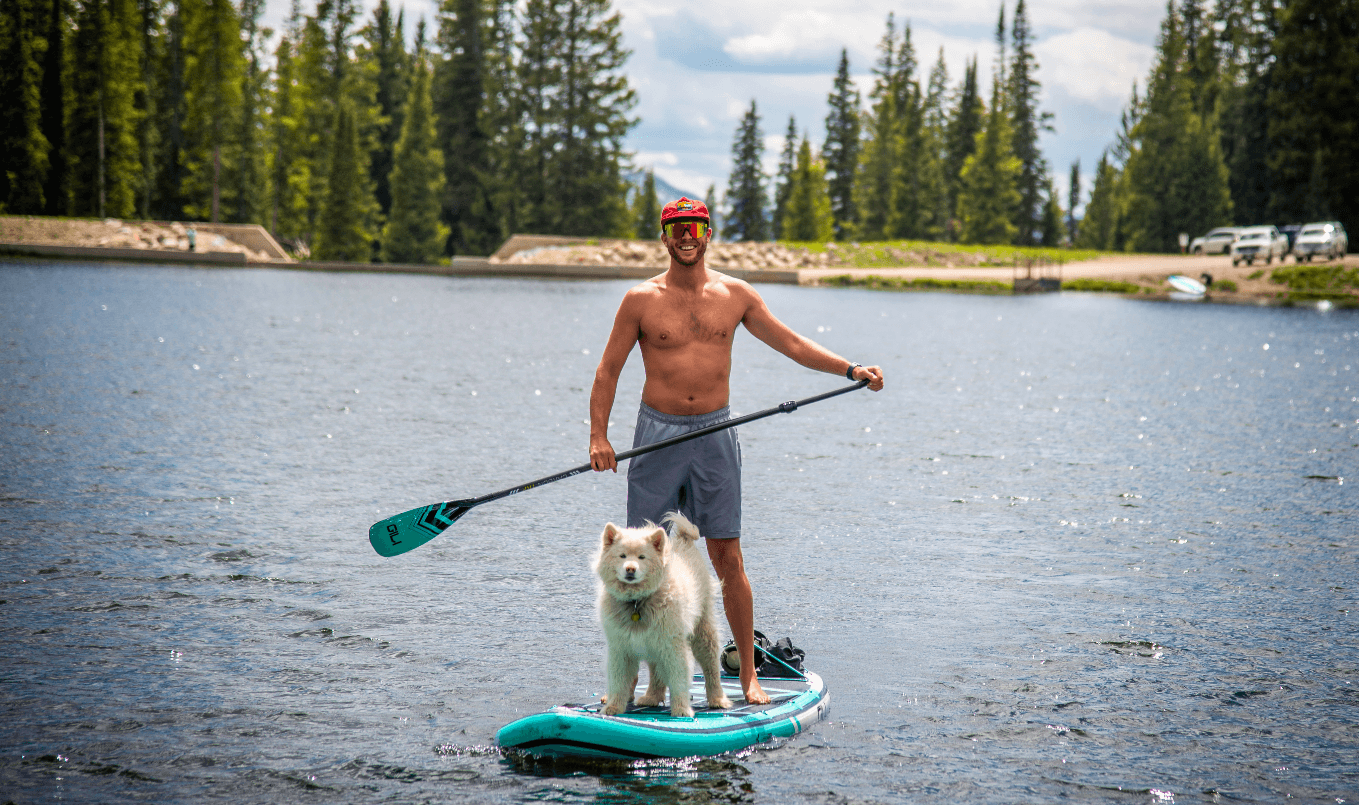 kayak versus paddle boarding - man and dog