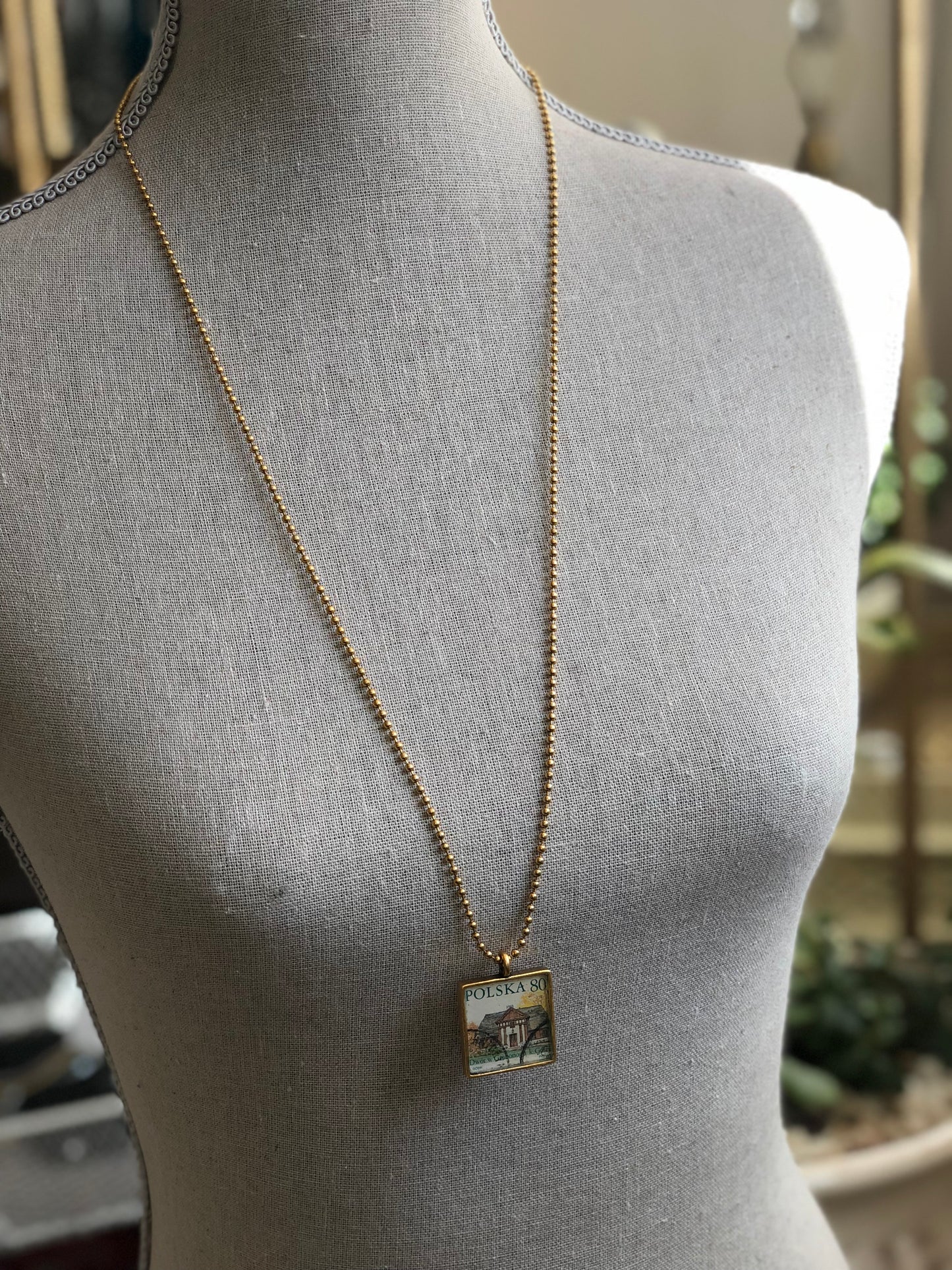 Vintage Stamp Pendant Necklace - Polska
