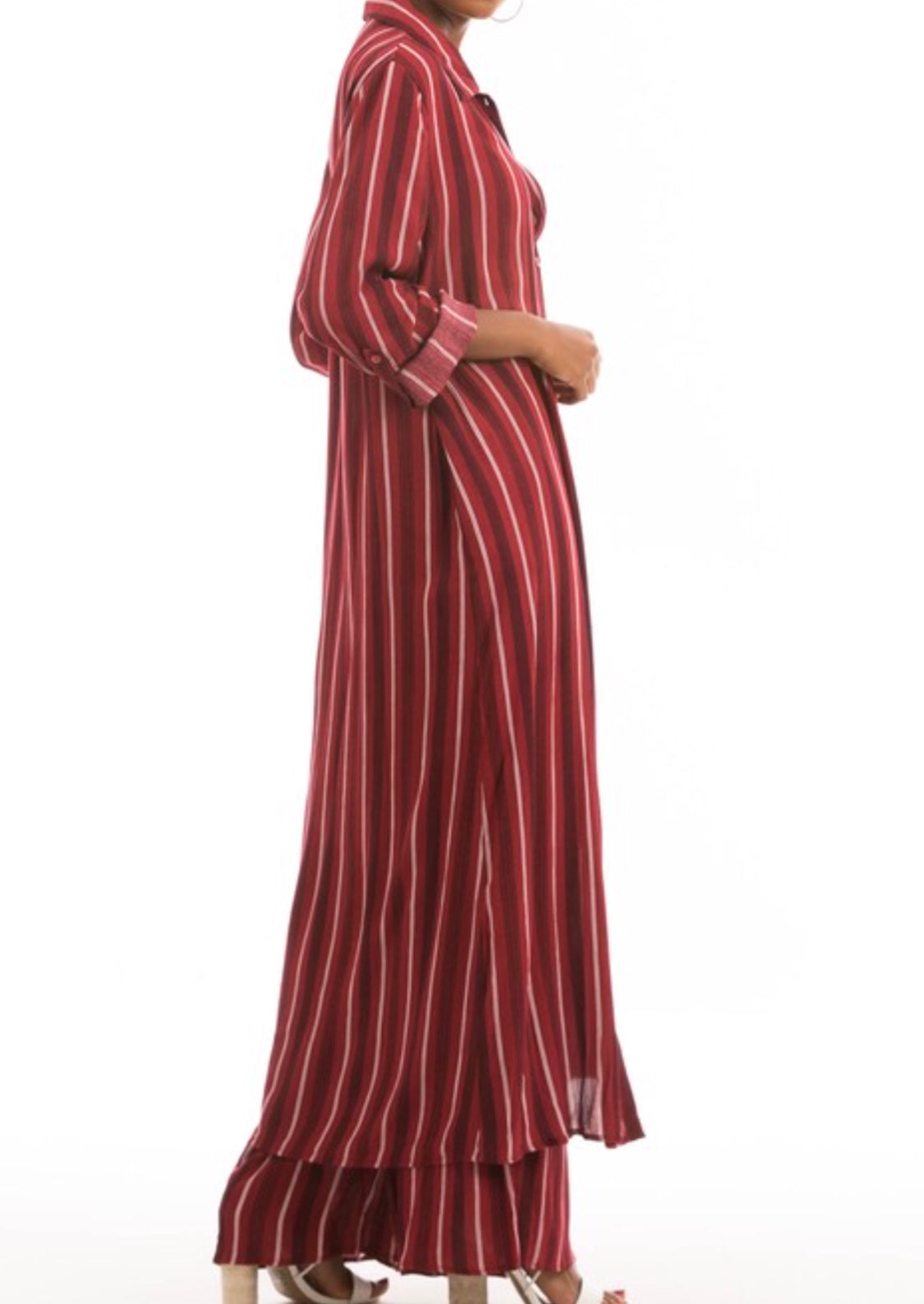 Striped Long Shirt Dress - Burgundy - FINAL SALE