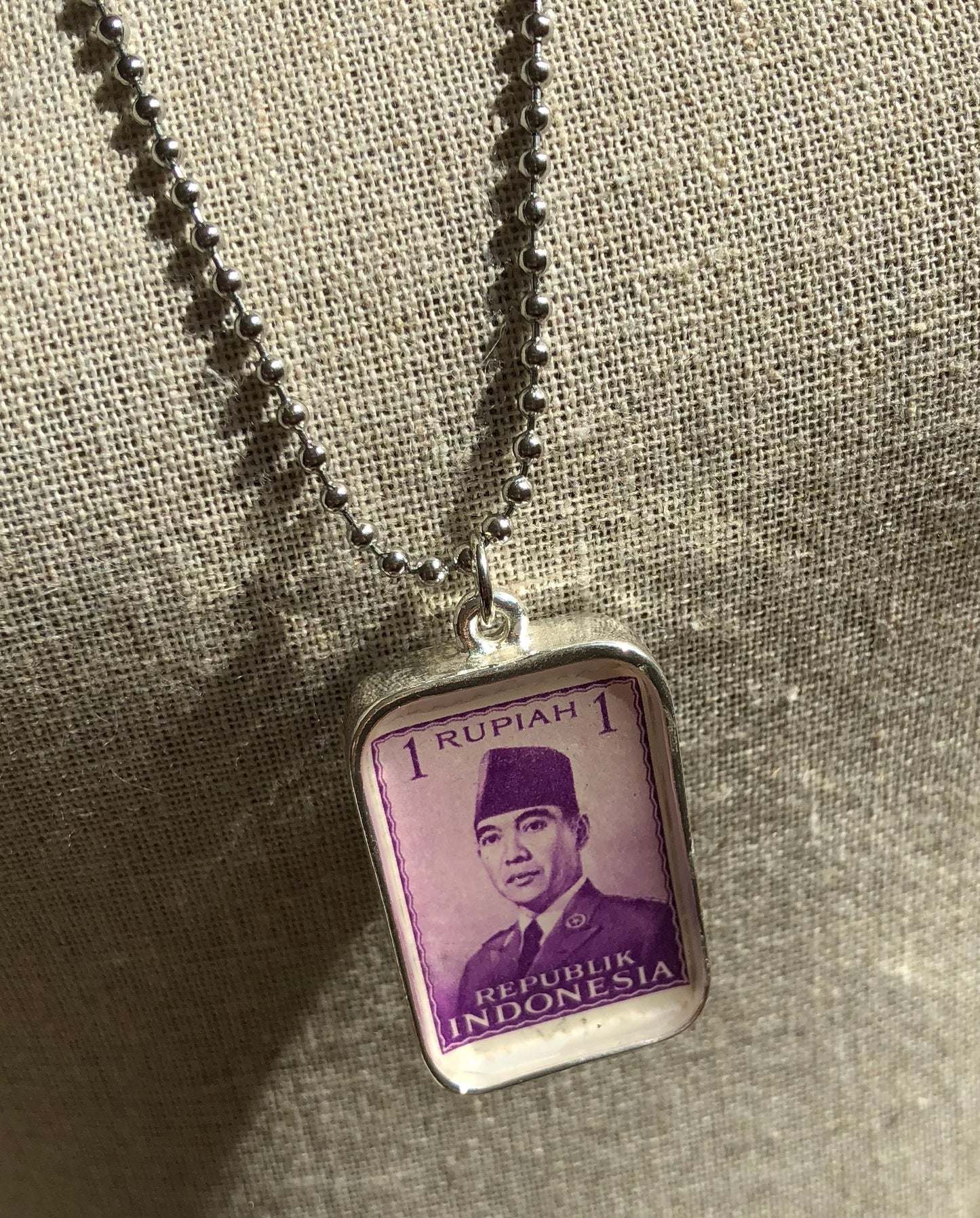 Vintage Stamp Pendant Necklace - Indonesia Red Cross