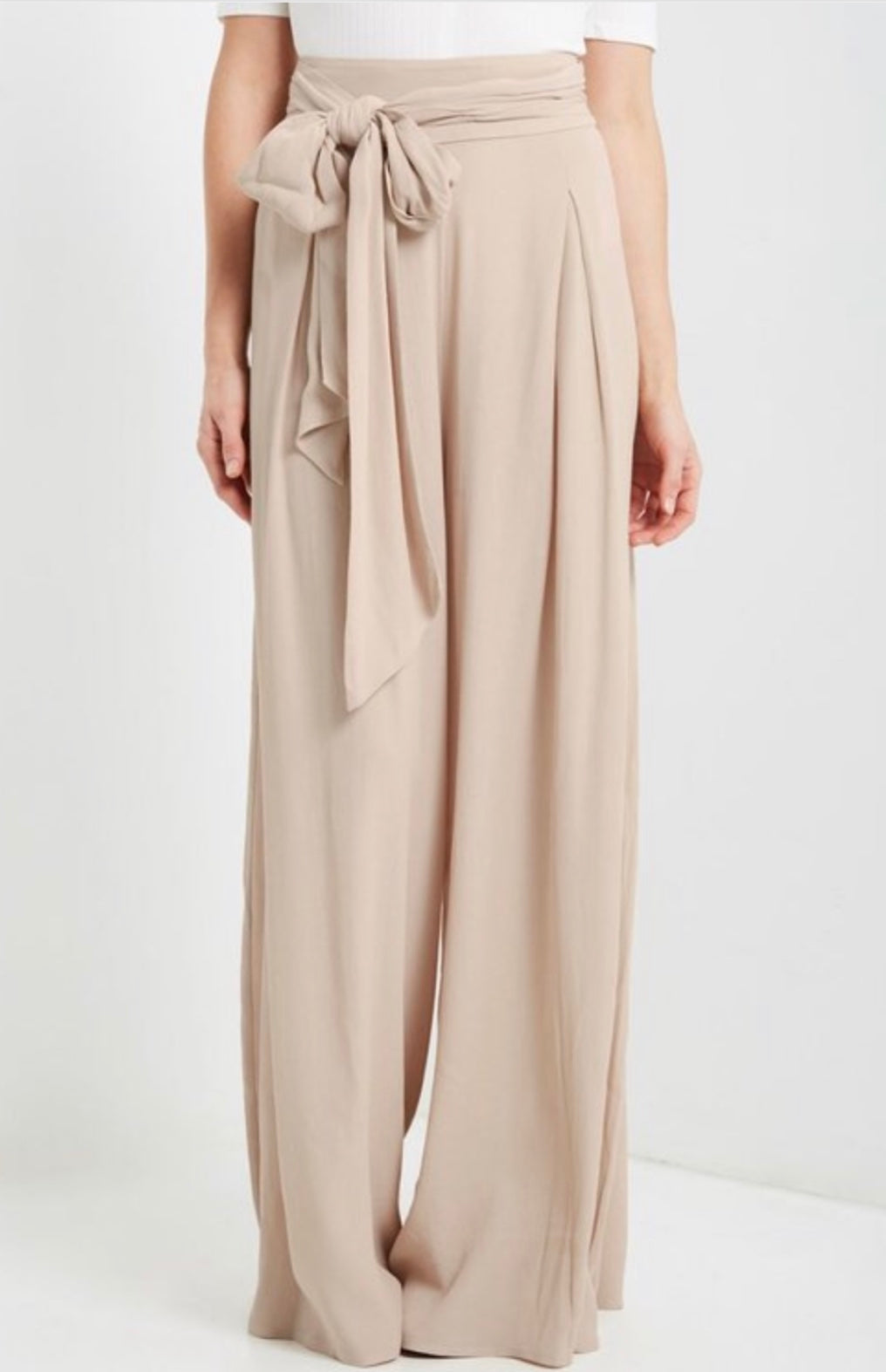 Front Tie High Waisted Palazzos (Tall) - Cream