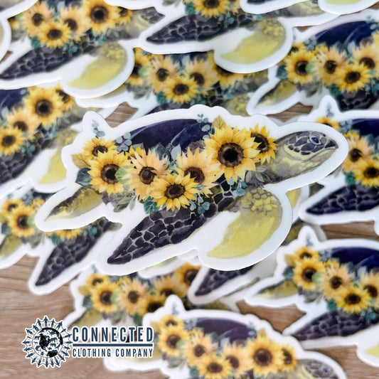 Sea Turtle Flowers Yellow Sticker - sharonkornman - 10% of proceeds donated to ocean conservation