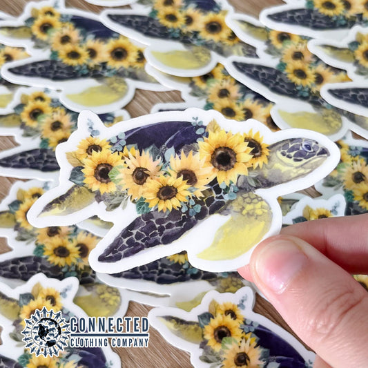 Sea Turtle Flowers Yellow Sticker - sharonkornman - 10% of proceeds donated to ocean conservation