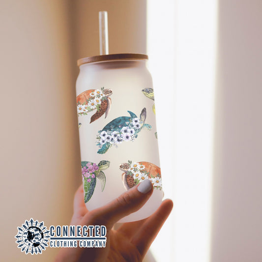 Sea Turtle Flowers Glass Can - getpinkfit - 10% of proceeds donated to sea turtle ocean conservation