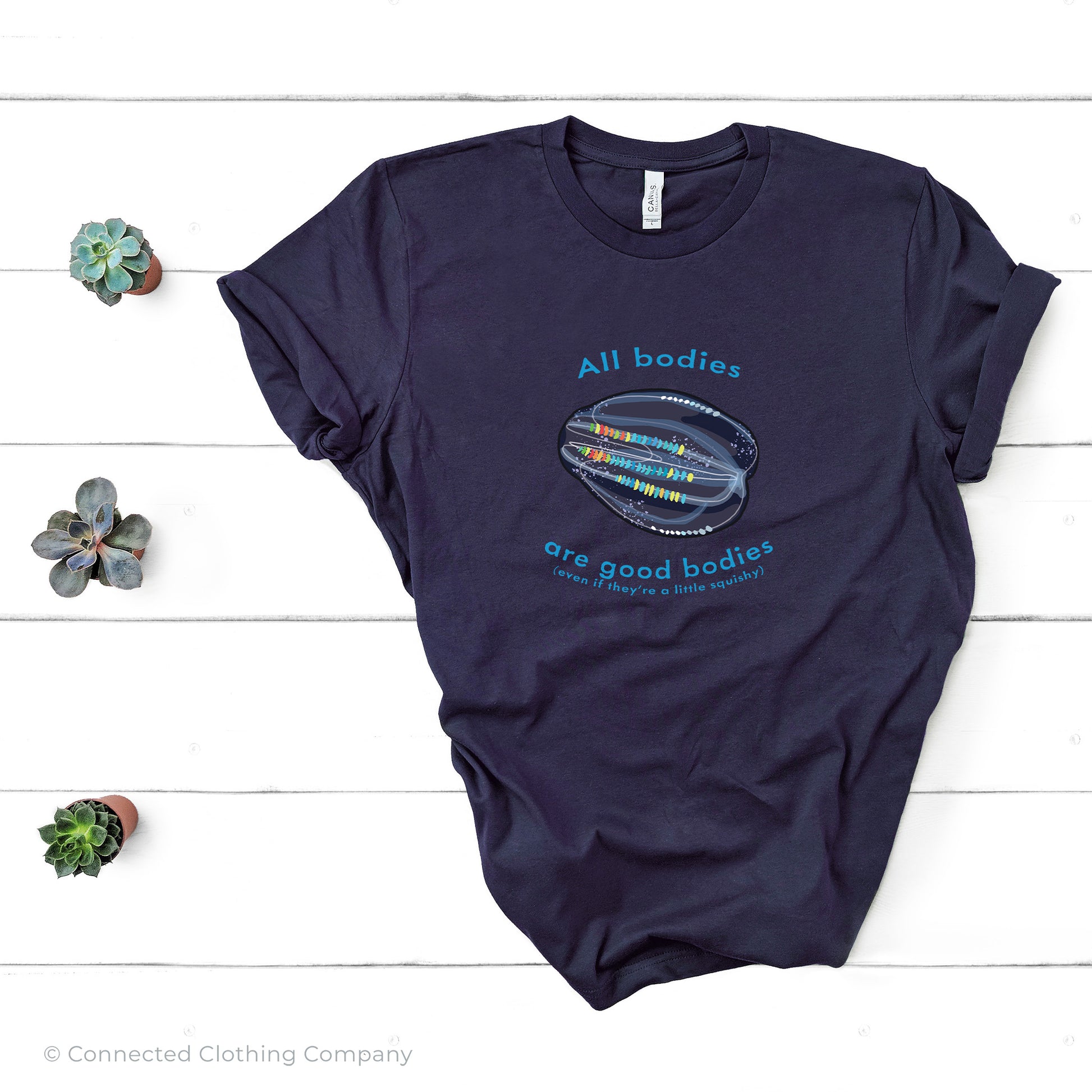 Navy All Bodies Are Good Bodies Tee reads "All bodies are good bodies (even if they're a little squishy)." and has a comb jelly ctenophore illustration - sweetsherriloudesigns - Ethically and Sustainably Made - 10% donated to Mission Blue ocean conservation