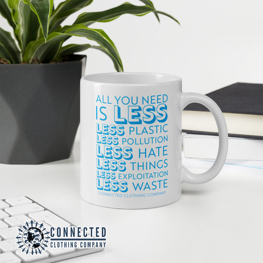 All You Need Is Less Classic Mug reads "all you need is less. less plastic. less pollution. less hate. less things. less exploitation. less waste." - sweetsherriloudesigns - Ethically and Sustainably Made - 10% of profits donated to Mission Blue ocean conservation