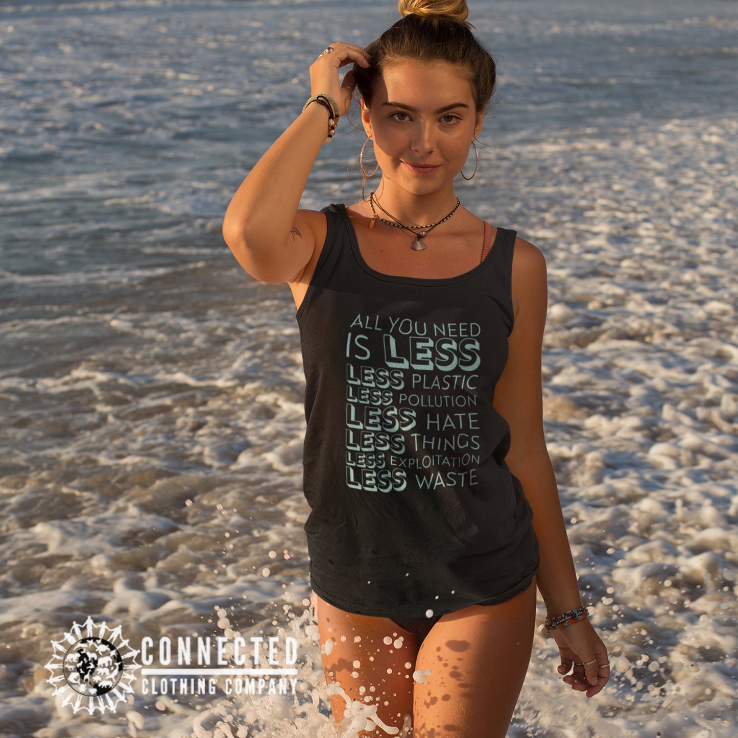 Model Wearing Black All You Need Is Less Women's Tank Top - sweetsherriloudesigns - 10% of profits donated to Mission Blue ocean conservation