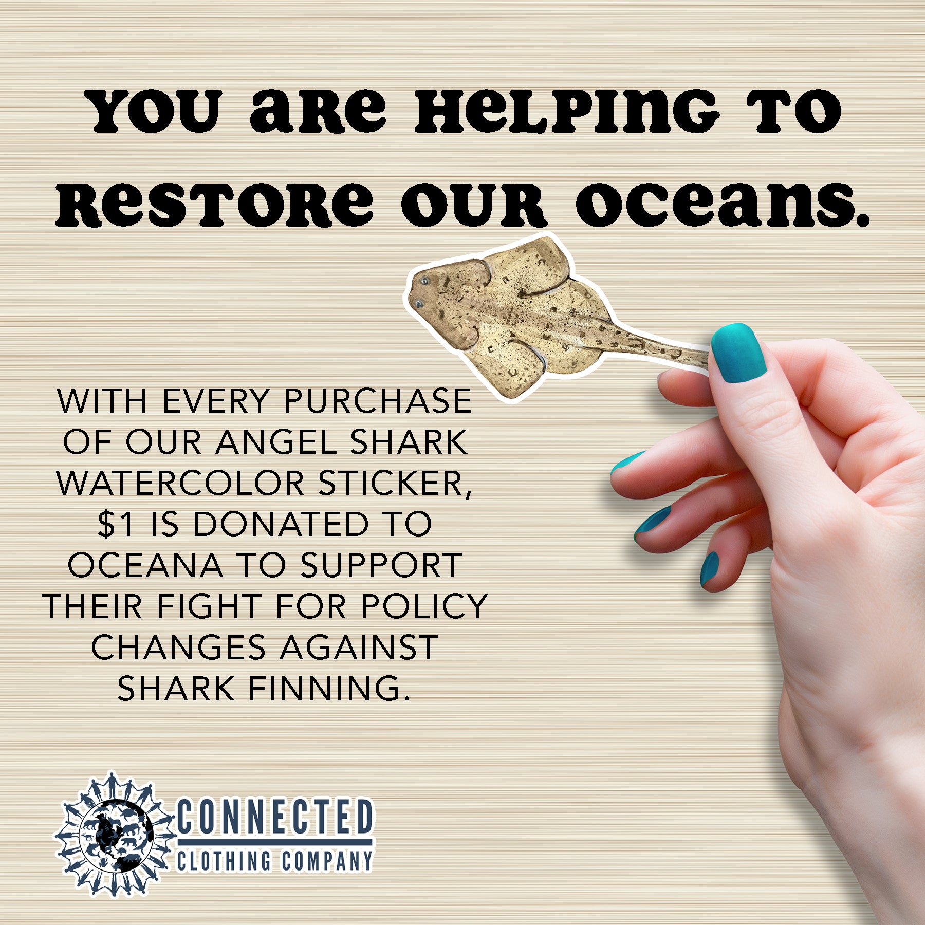 Hand Holding Angel Shark Watercolor Sticker - "You are helping to restore our oceans. With every purchase of our angel shark watercolor sticker, $1 is donated to oceana to support their fight for policy changes against shark finning." - sweetsherriloudesigns - Ethical and Sustainable Apparel - portion of profits donated to shark conservation