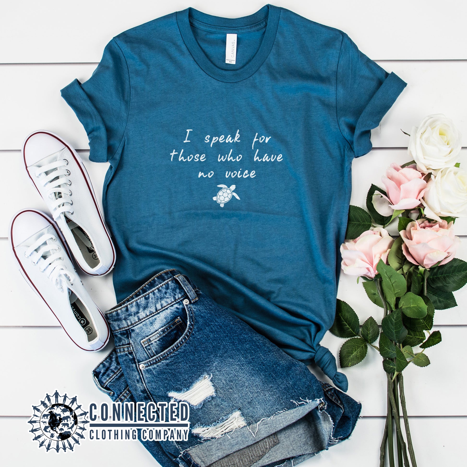 Steel Blue Be The Voice Sea Turtle Tee reads "I speak for those who have no voice." - sweetsherriloudesigns - Ethically and Sustainably Made - 10% donated to the Sea Turtle Conservancy