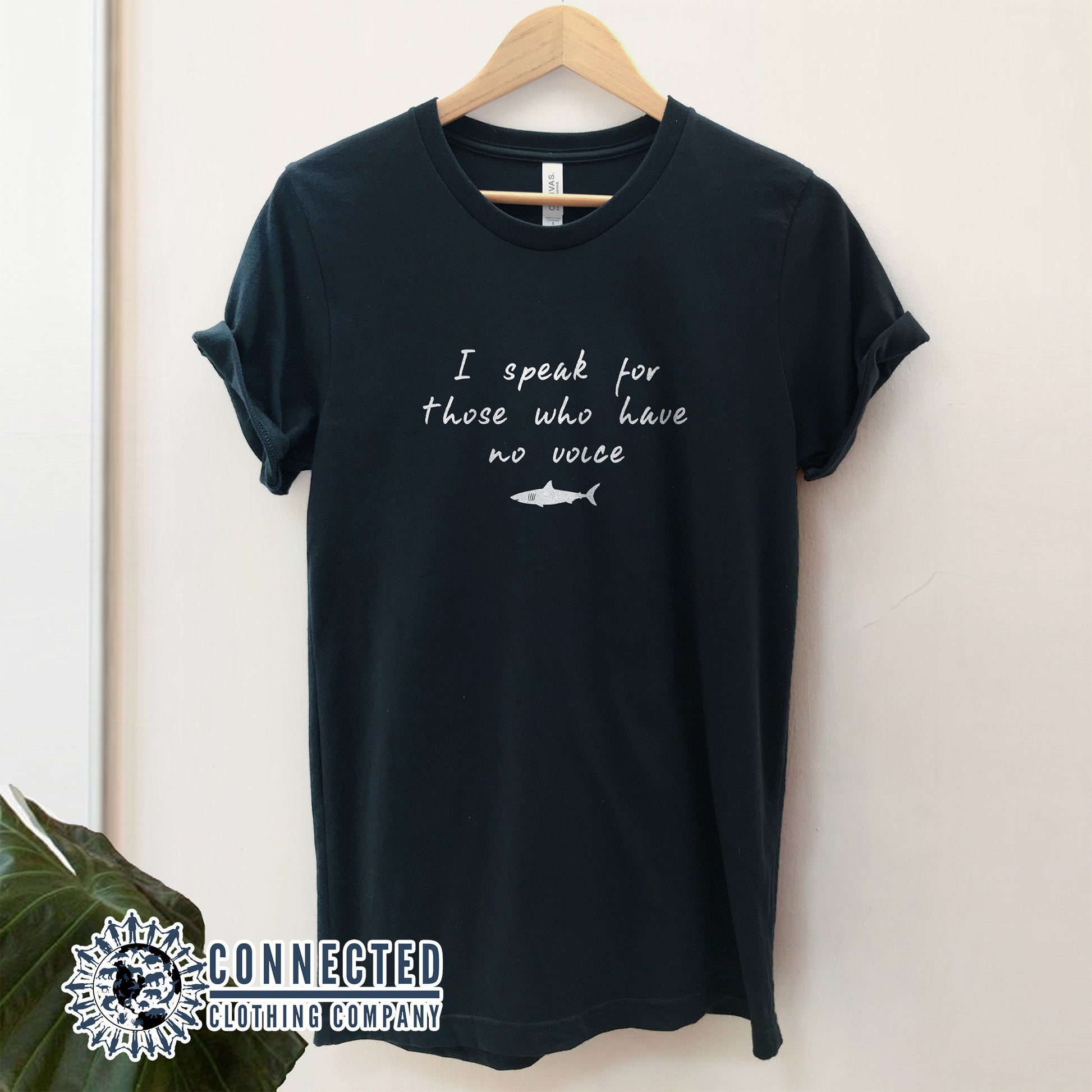 Black Be The Voice Shark Unisex Short-Sleeve T-Shirt reads "I speak for those who have no voice." - sweetsherriloudesigns - Ethically and Sustainably Made - 10% donated to Oceana shark conservation