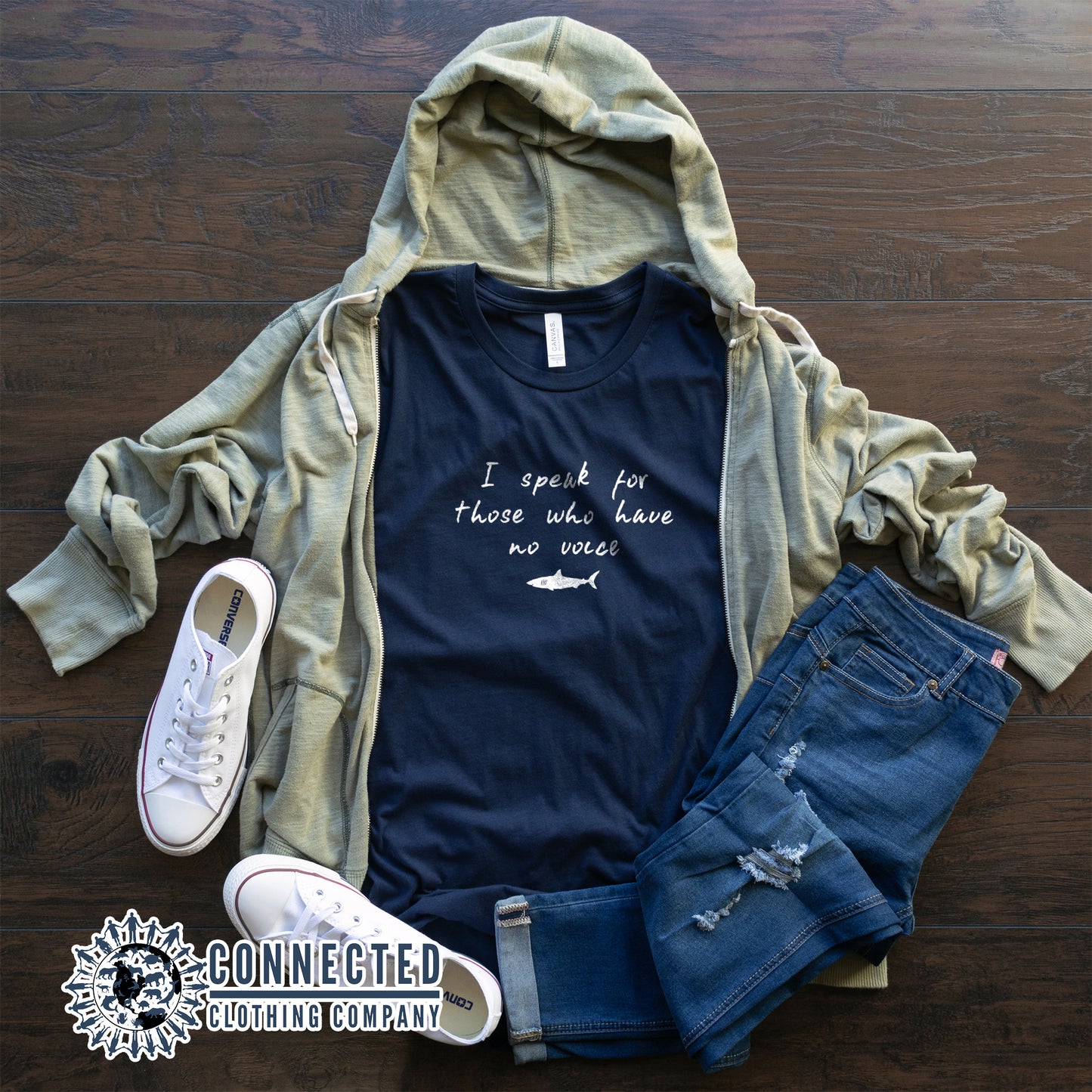 Navy Be The Voice Shark Unisex Short-Sleeve T-Shirt reads "I speak for those who have no voice." - sweetsherriloudesigns - Ethically and Sustainably Made - 10% donated to Oceana shark conservation