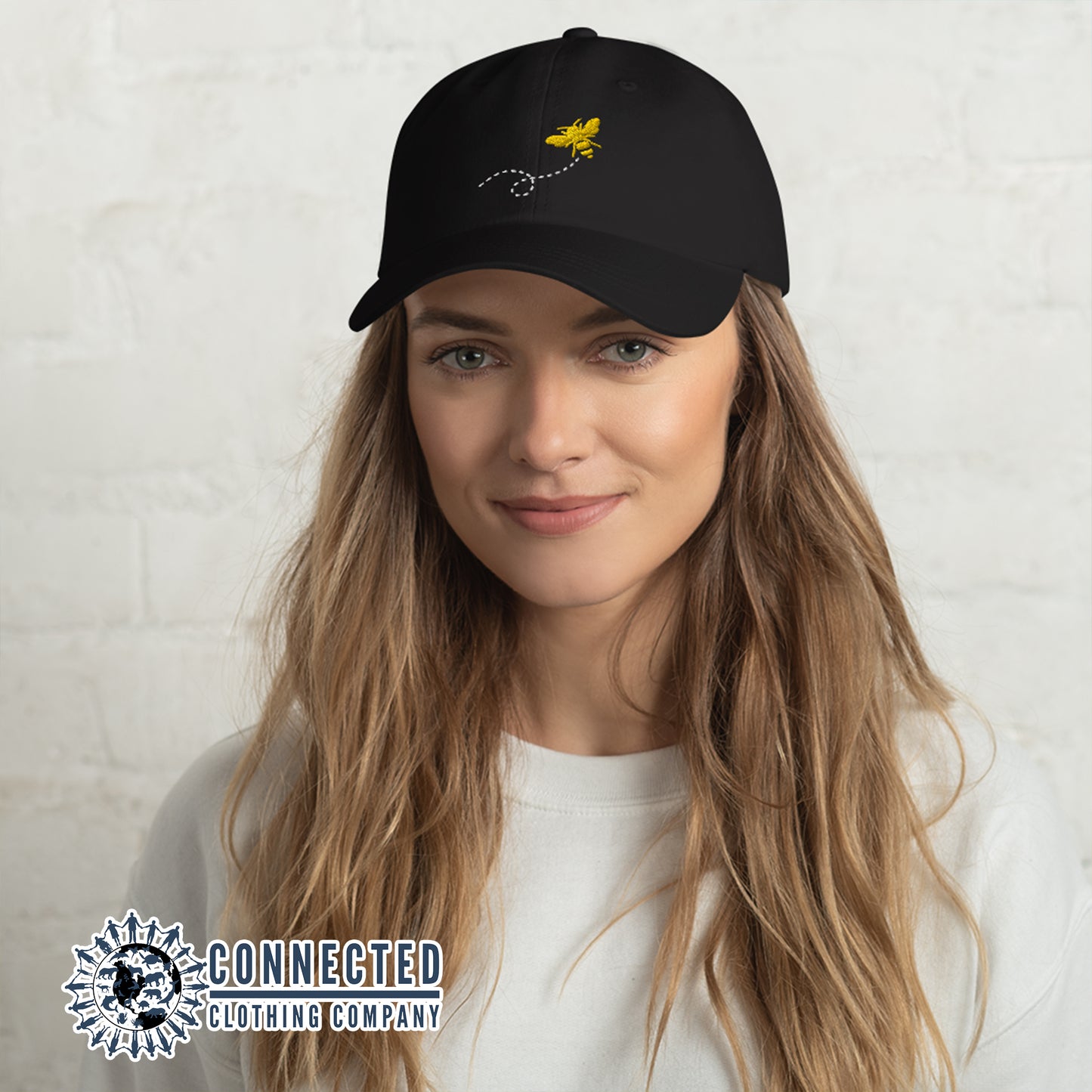  Model Wearing Bee Embroidered Cotton Cap - sweetsherriloudesigns - Ethical and Sustainably Made Apparel - 10% of proceeds donated to the Honeybee Conservancy