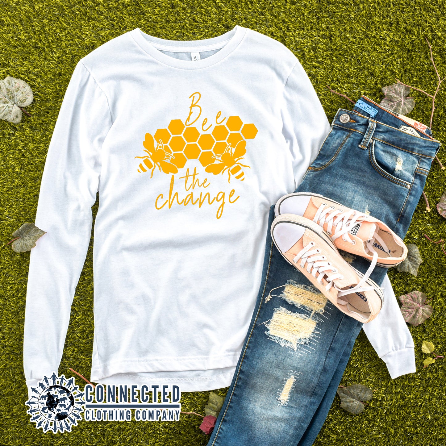 White Bee The Change Long-Sleeve Tee - sweetsherriloudesigns - Ethically & Sustainably Sourced - 10% of profits donated to The Honeybee Conservancy