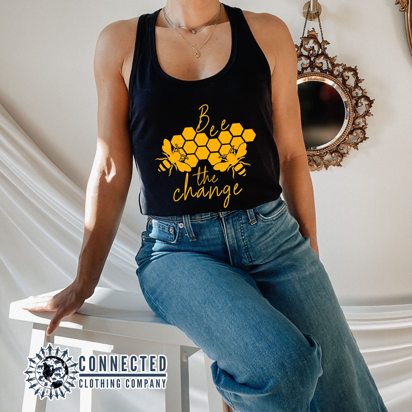 Model Wearing Black Bee The Change Women's Tank - sweetsherriloudesigns - 10% of profits donated to the Honeybee Conservancy