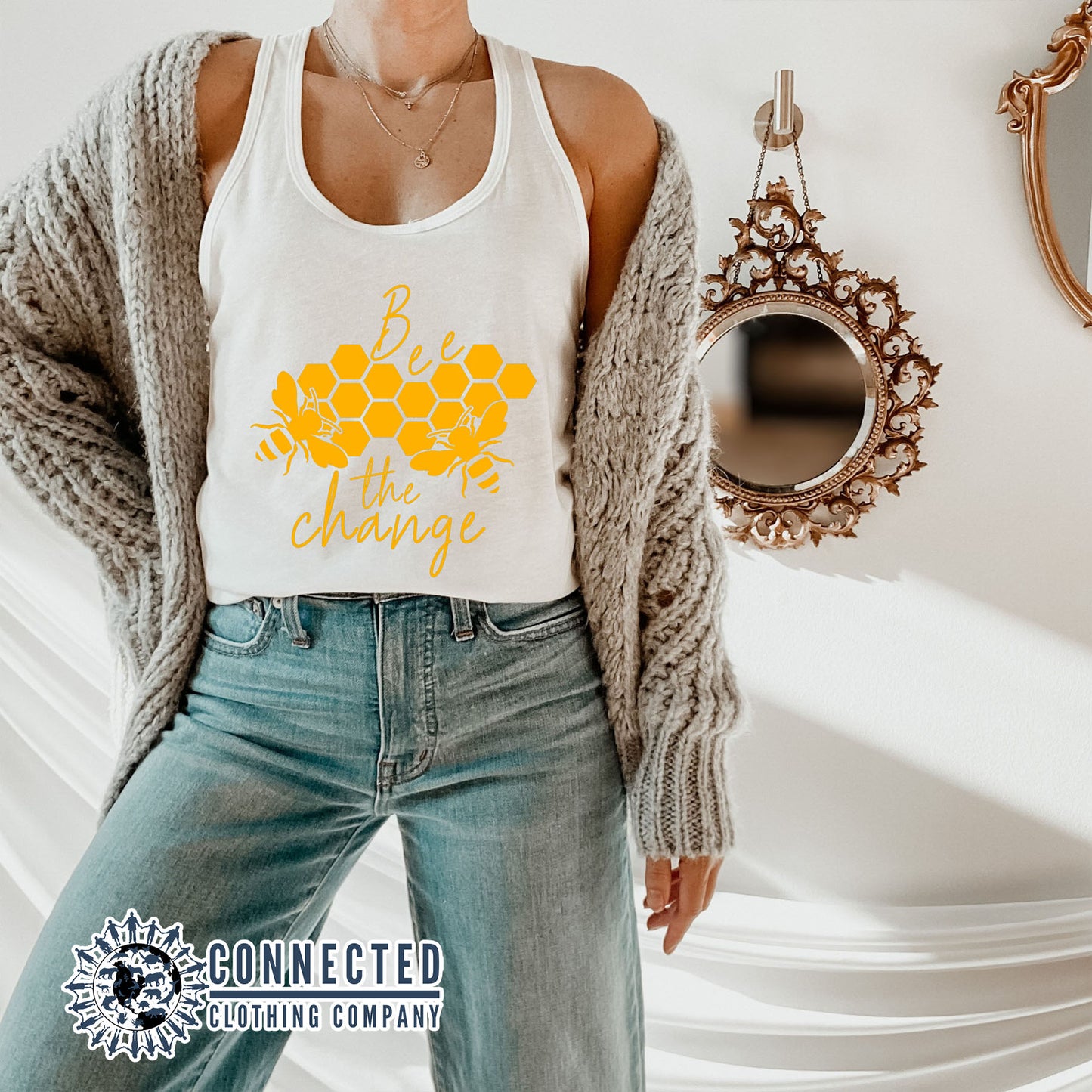 Model Wearing White Bee The Change Women's Tank - sweetsherriloudesigns - 10% of profits donated to the Honeybee Conservancy