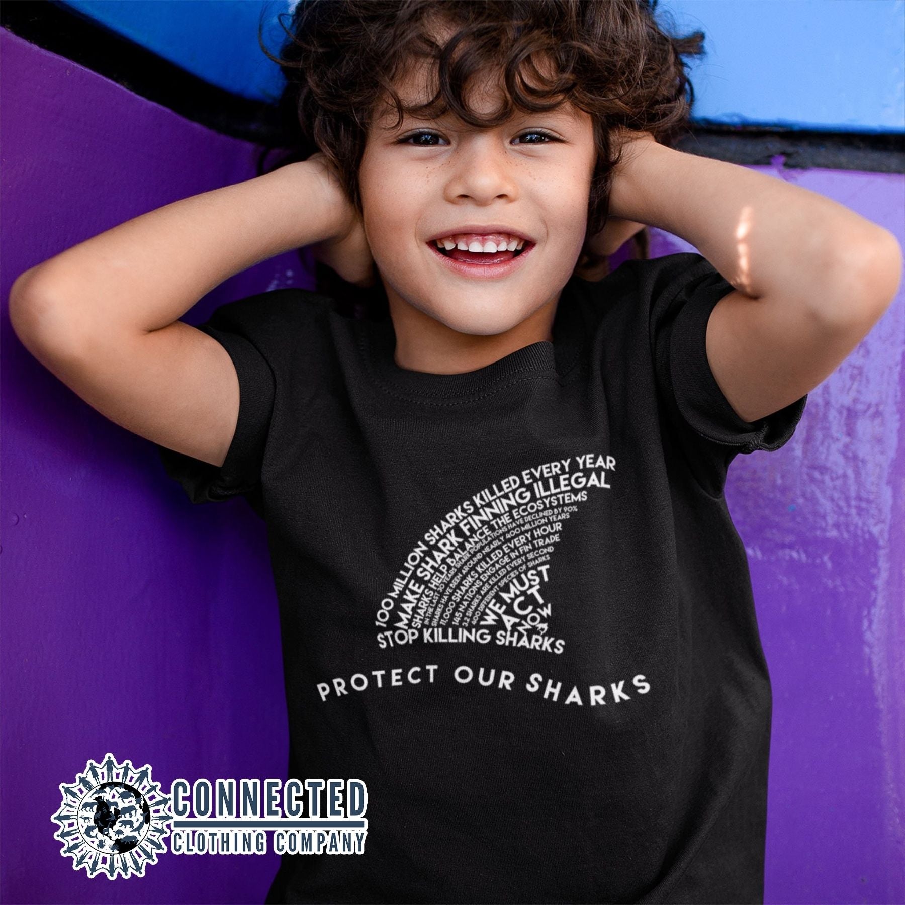 Kid Wearing Black Protect Our Sharks Youth Short-Sleeve Tee - sweetsherriloudesigns - 10% of profits donated to Oceana ocean conservation