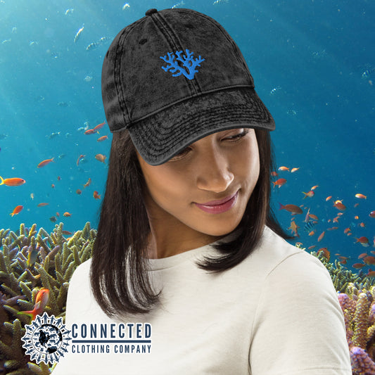 Model Wearing Black Coral Vintage Cotton Cap - sweetsherriloudesigns - Ethically and Sustainably Made - 10% donated to Mission Blue ocean conservation