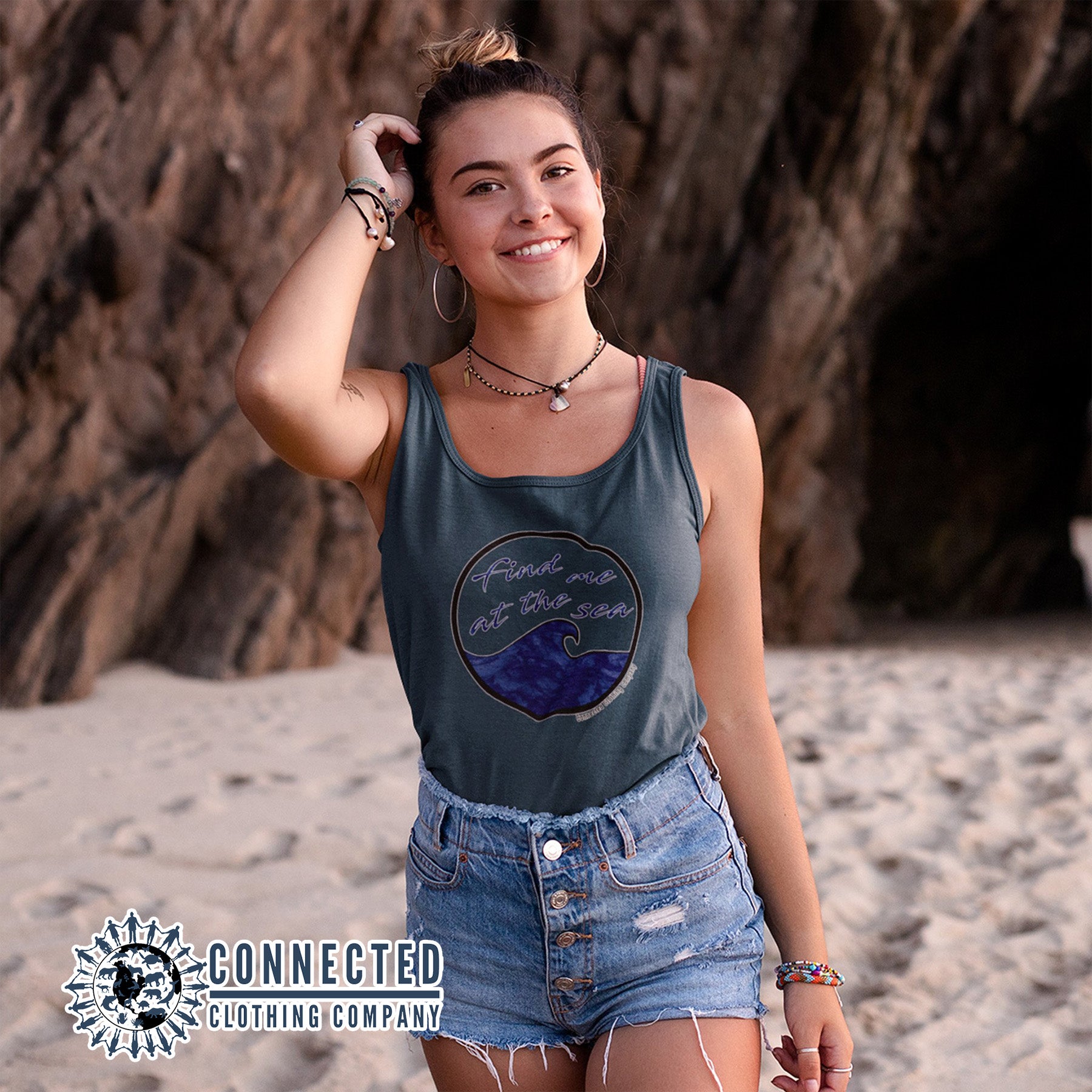 Model Wearing Navy Find Me At The Sea Women's Relaxed Tank Top - sweetsherriloudesigns - 10% of profits donated to Mission Blue ocean conservation