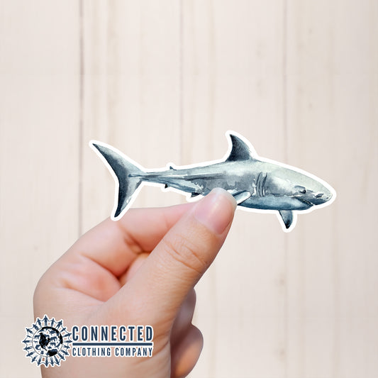 Hand Holding Great White Shark Watercolor Sticker - getpinkfit - Ethical and Sustainable Apparel - portion of profits donated to shark conservation