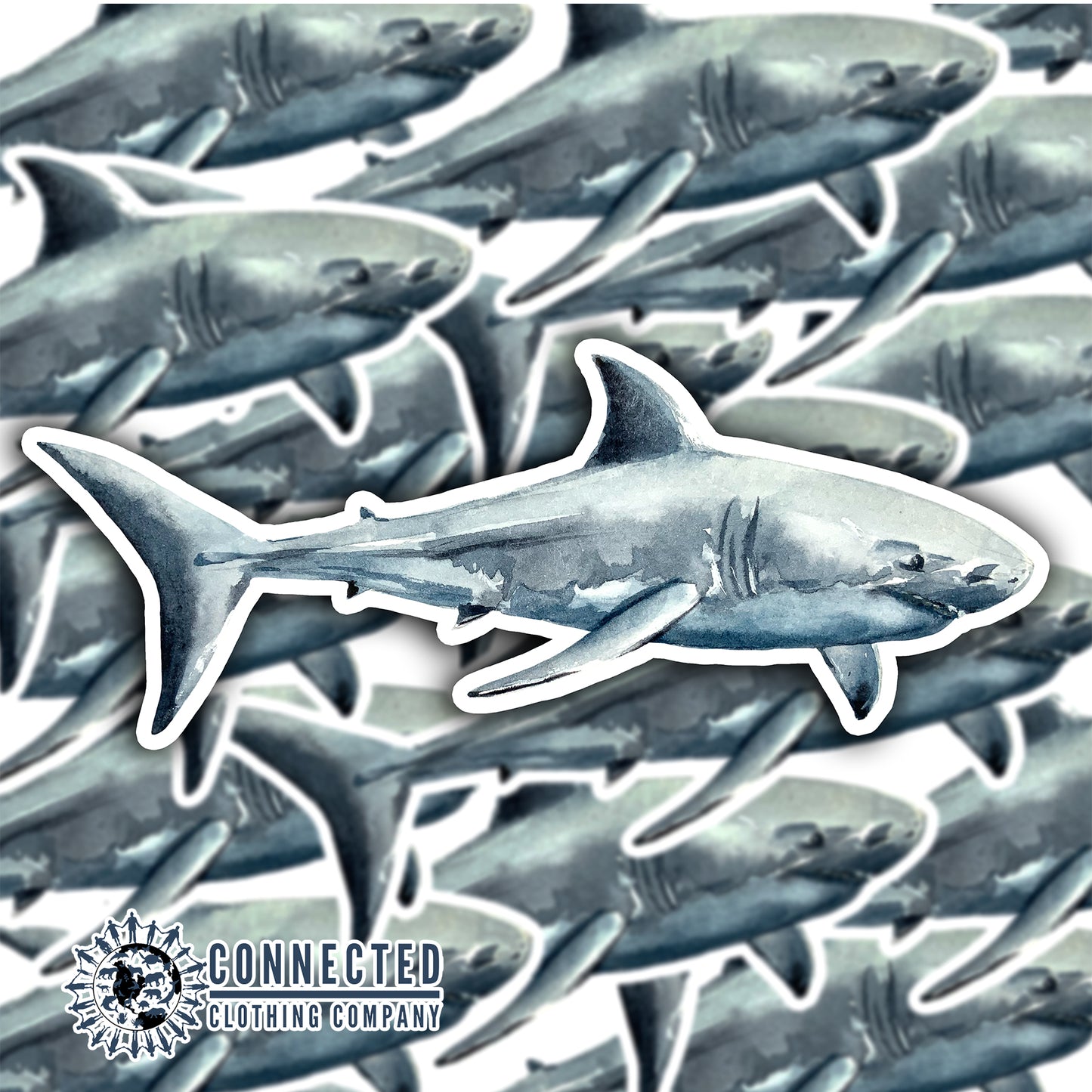 Closeup of Great White Shark Watercolor Sticker - sweetsherriloudesigns - Ethical and Sustainable Apparel - portion of profits donated to shark conservation