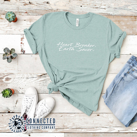 Heather Prism Dusty Blue Heart Breaker. Earth Saver. Short-Sleeve Tee - sweetsherriloudesigns - Ethically and Sustainably Made - 10% of profits donated to ocean conservation