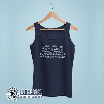 Navy Blue I Just Want To Save The World Women's Tank Top reads "I just want to free the whales, protect sharks, do beach cleanups, and rescue animals" - sweetsherriloudesigns - 10% of profits donated to Mission Blue ocean conservation