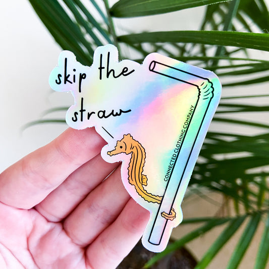 Holographic Skip The Straw Seahorse Sticker (Seahorse holding onto straw while saying skip the straw) - getpinkfit - Ethically and Sustainably Made - $1 donated to Mission Blue ocean conservation