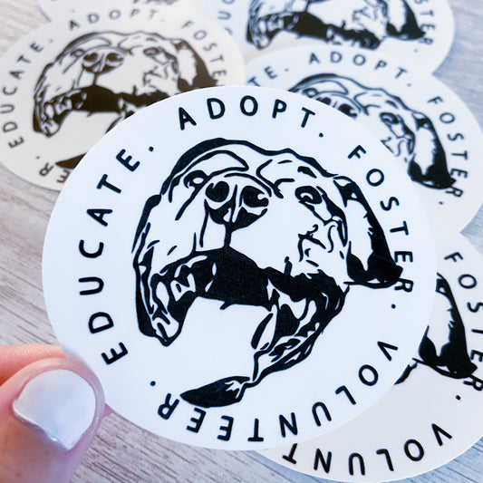 Close up of Adopt Educate Foster Volunteer Sticker - getpinkfit - 10% of profits donated to SPCA animal rescue