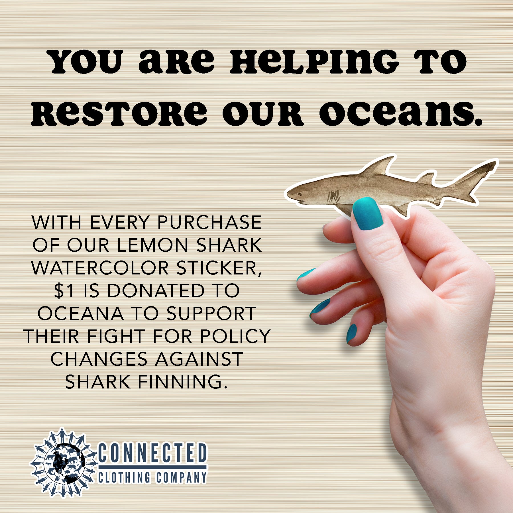 Hand Holding Lemon Shark Watercolor Sticker - "You are helping to restore our oceans. With every purchase of our lemon shark watercolor sticker, $1 is donated to oceana to support their fight for policy changes against shark finning." - sweetsherriloudesigns - Ethical and Sustainable Apparel - portion of profits donated to shark conservation
