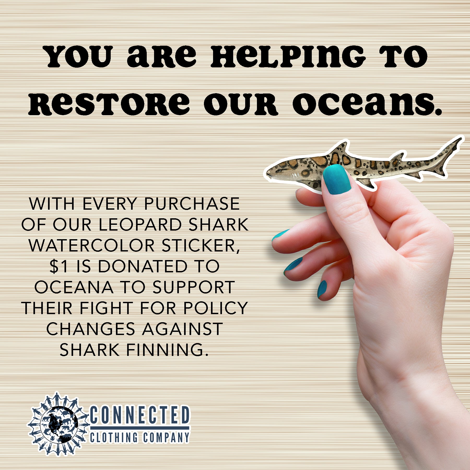 Hand Holding Leopard Shark Watercolor Sticker - "You are helping to restore our oceans. With every purchase of our leopard shark watercolor sticker, $1 is donated to oceana to support their fight for policy changes against shark finning." - sweetsherriloudesigns - Ethical and Sustainable Apparel - portion of profits donated to shark conservation