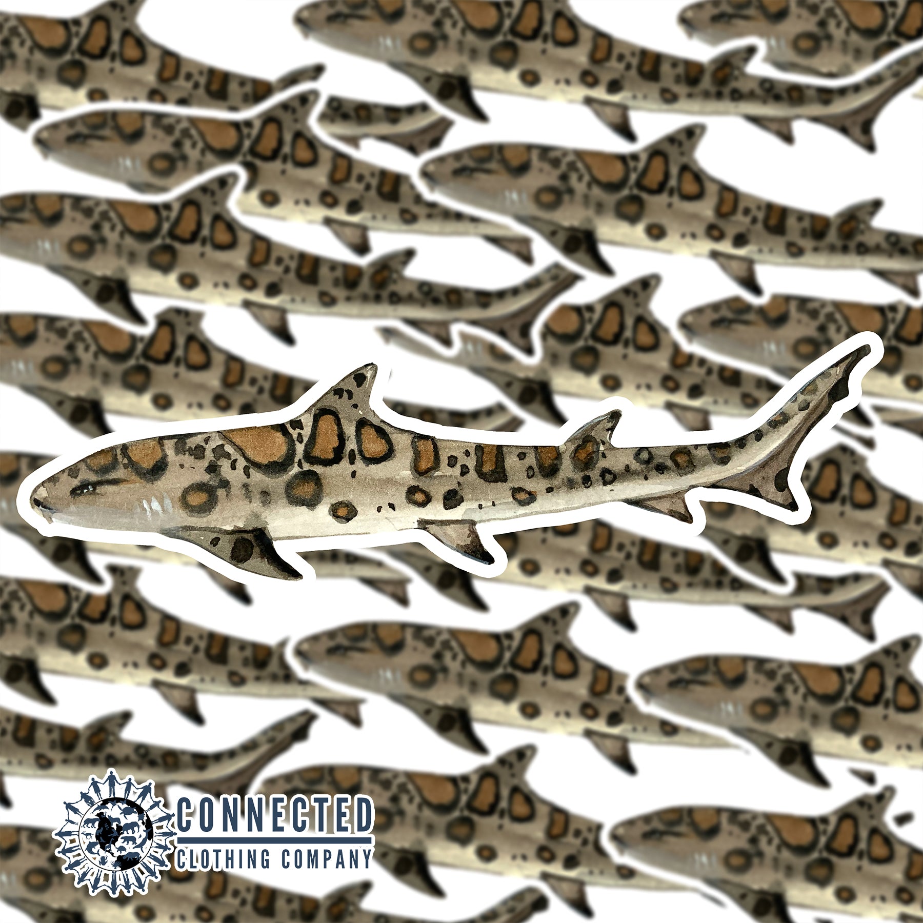 Closeup of Leopard Shark Watercolor Sticker - sweetsherriloudesigns - Ethical and Sustainable Apparel - portion of profits donated to shark conservation