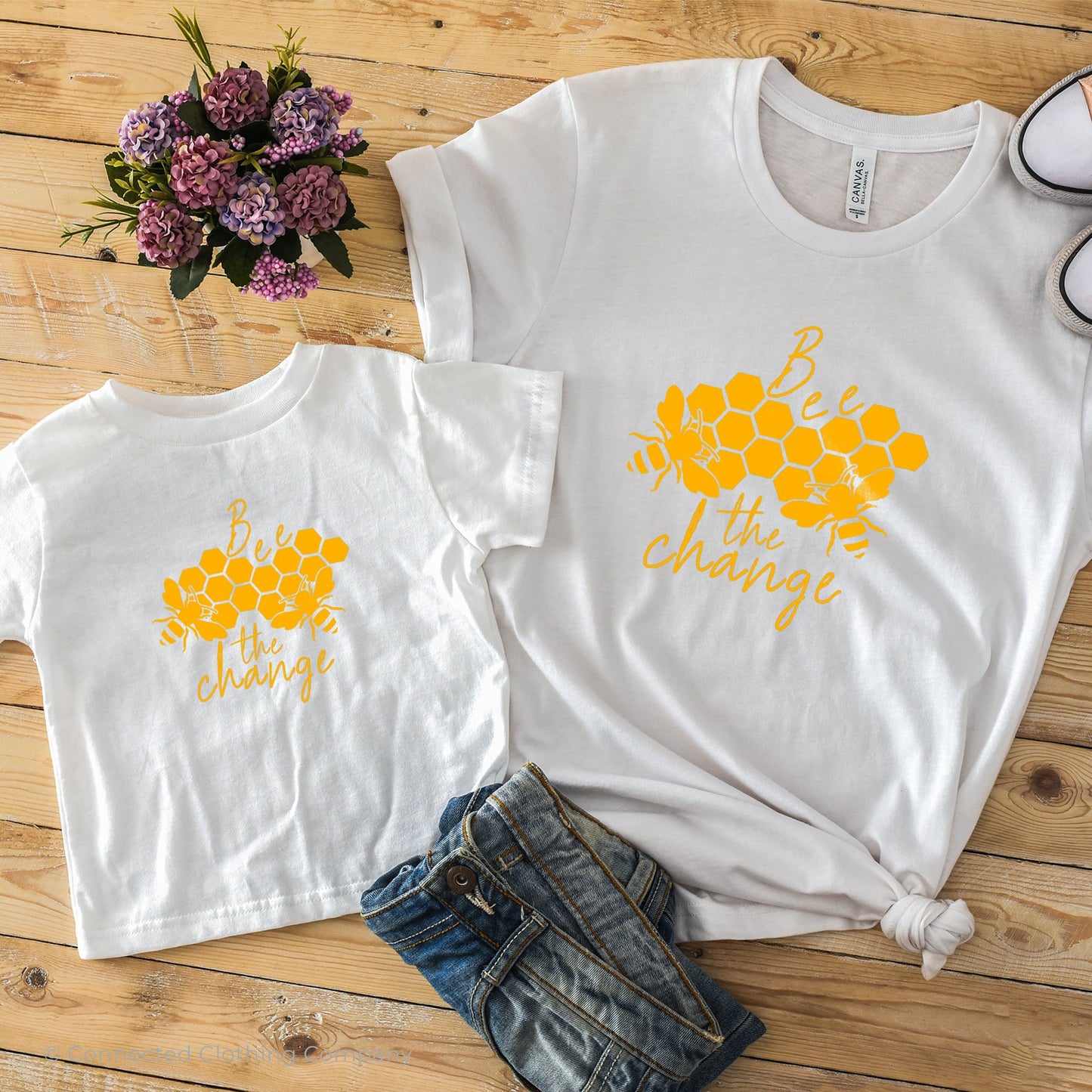 Bee The Change Toddler Short-Sleeve Tee in White with Adult Bee The Change Tee - sweetsherriloudesigns - 10% of profits donated to The Honeybee Conservancy, supporting bee conservation and building bee habitats