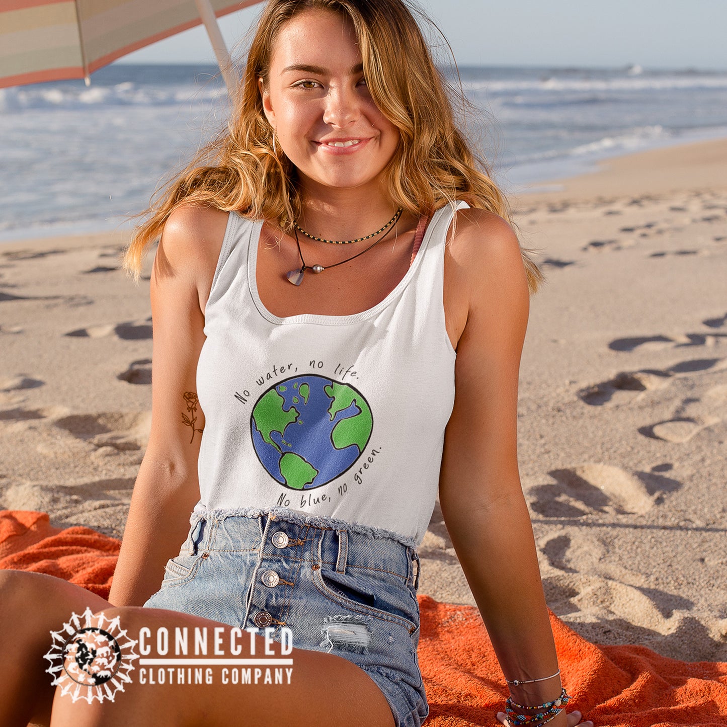 Model Wearing White No Blue No Green Women's Relaxed Tank - sweetsherriloudesigns - Ethically and Sustainably Made - 10% of profits donated to Mission Blue ocean conservation