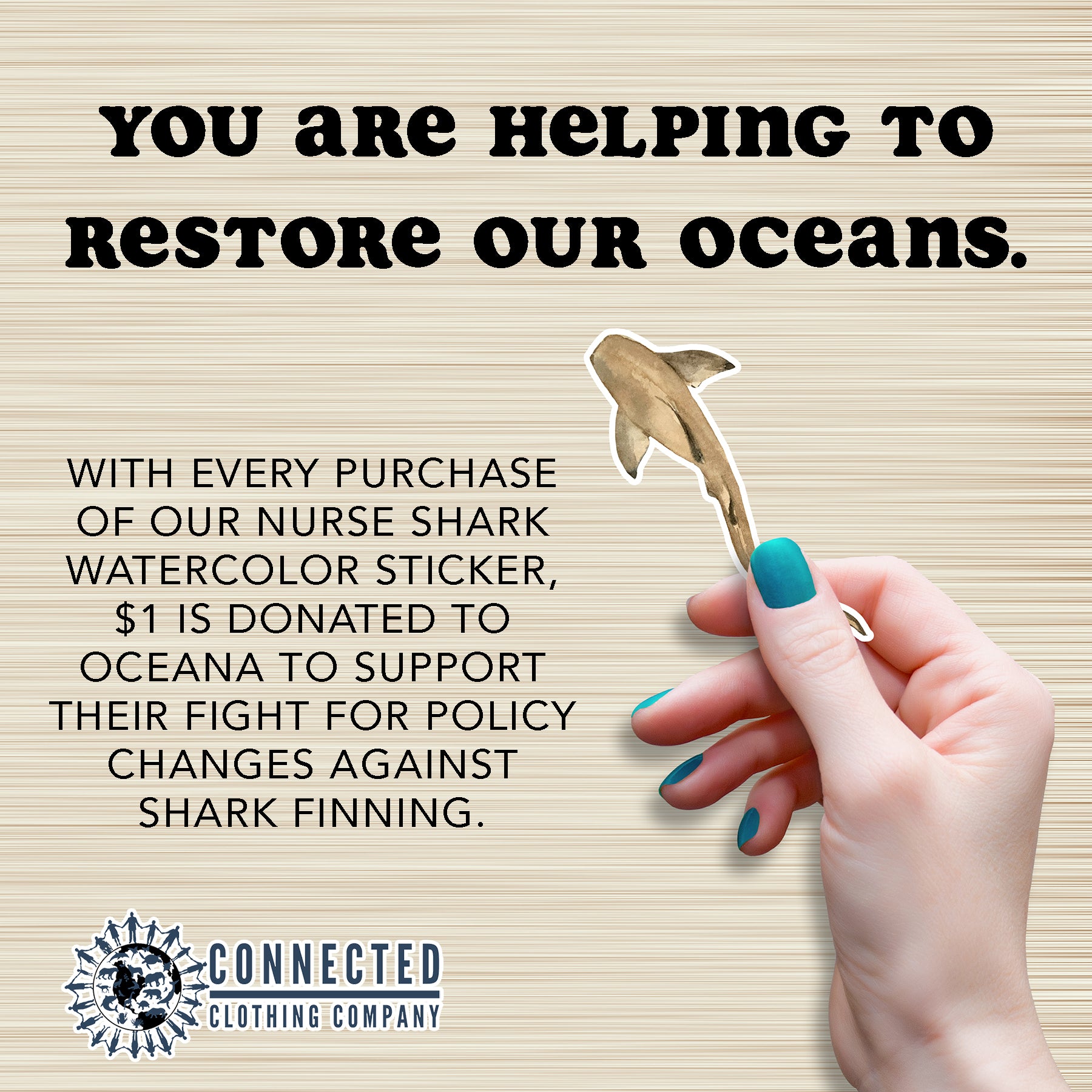 Hand Holding Nurse Shark Watercolor Sticker - "You are helping to restore our oceans. With every purchase of our nurse shark watercolor sticker, $1 is donated to oceana to support their fight for policy changes against shark finning." - sweetsherriloudesigns - Ethical and Sustainable Apparel - portion of profits donated to shark conservation