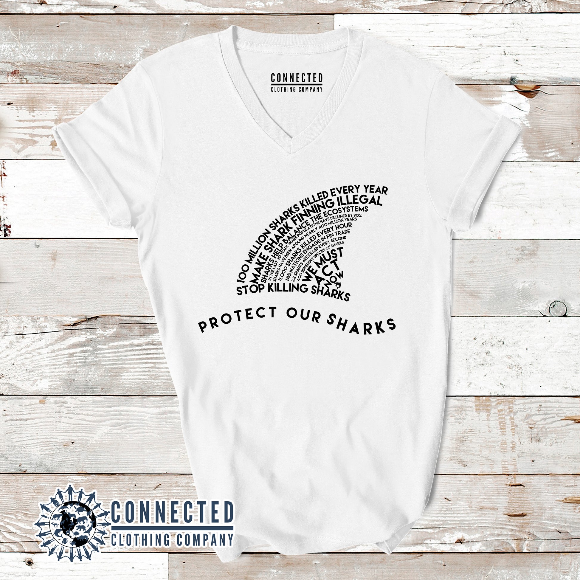 White Protect Our Sharks Short-Sleeve Women's V-Neck Tee - sweetsherriloudesigns - Ethically and Sustainably Made - 10% of profits donated to shark conservation