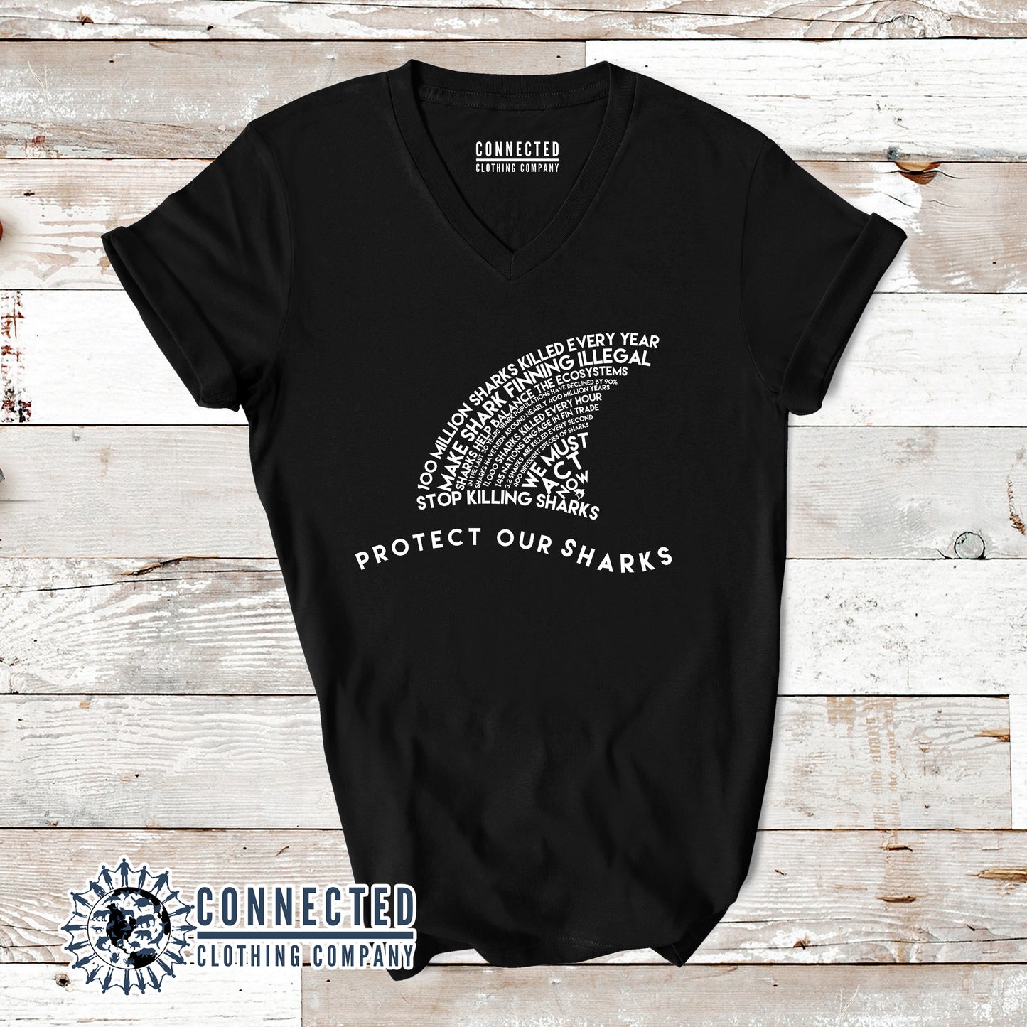Black Protect Our Sharks Short-Sleeve Women's V-Neck Tee - sweetsherriloudesigns - Ethically and Sustainably Made - 10% of profits donated to shark conservation