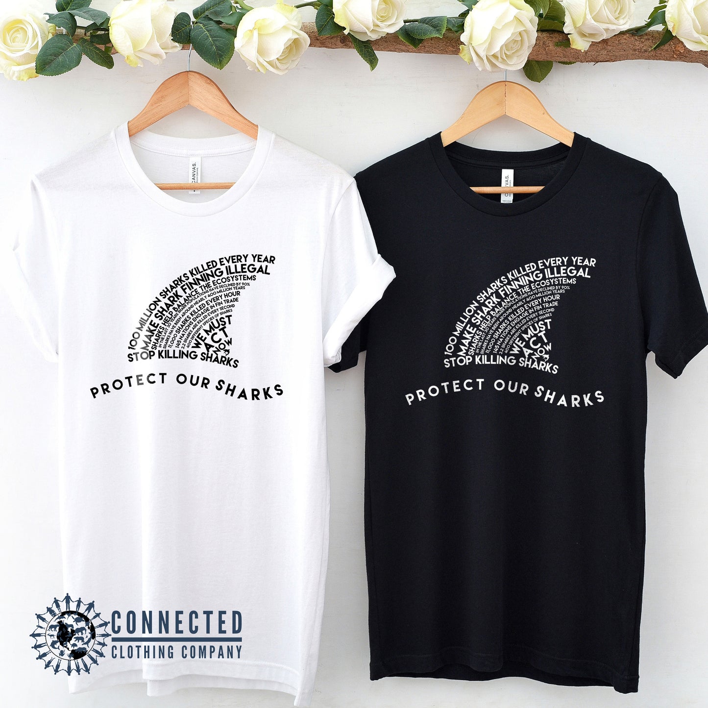 Black and White Protect Our Sharks Short-Sleeve Tees - getpinkfit - Ethically and Sustainably Made - 10% of profits donated to shark conservation and ocean conservation