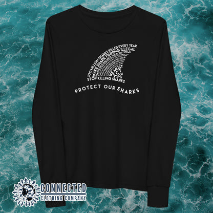 Black Protect Our Sharks Youth Long-Sleeve Tee - sweetsherriloudesigns - Ethically and Sustainably Made - 10% donated to Oceana shark conservation