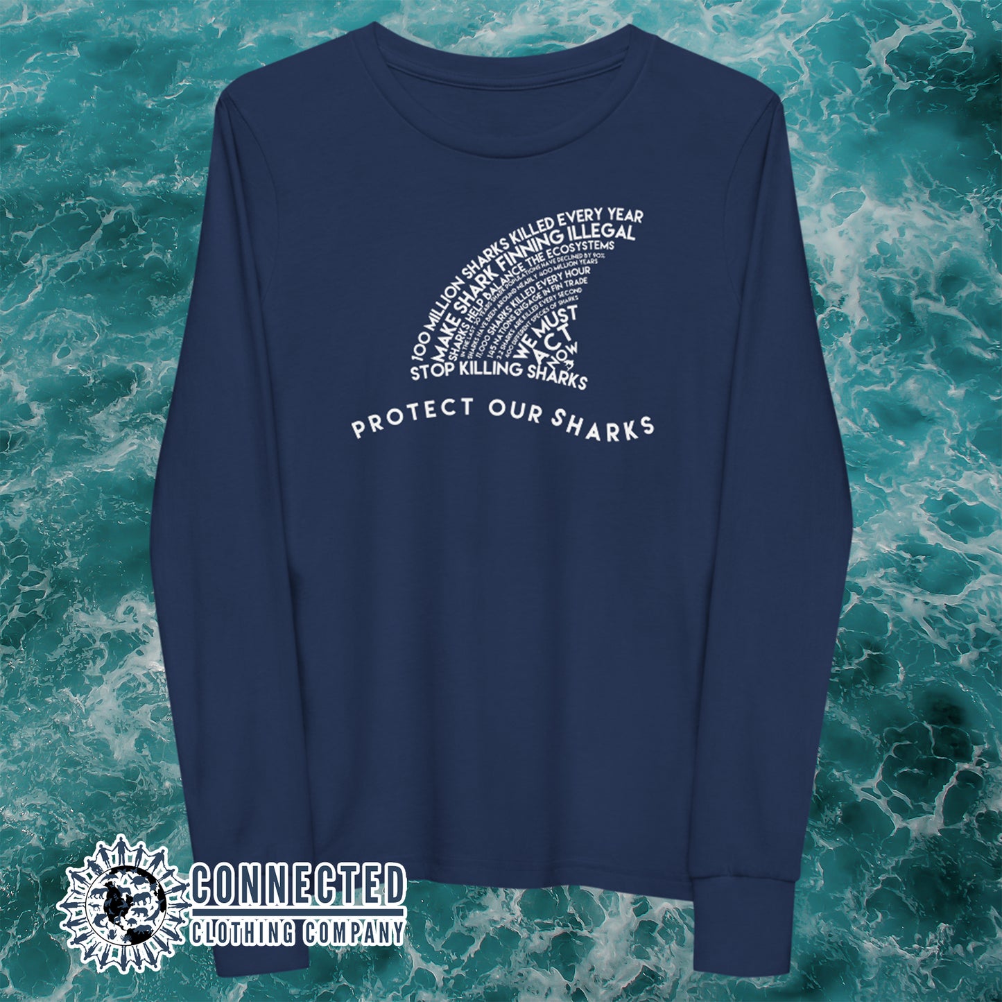 Navy Blue Protect Our Sharks Youth Long-Sleeve Tee - sweetsherriloudesigns - Ethically and Sustainably Made - 10% donated to Oceana shark conservation