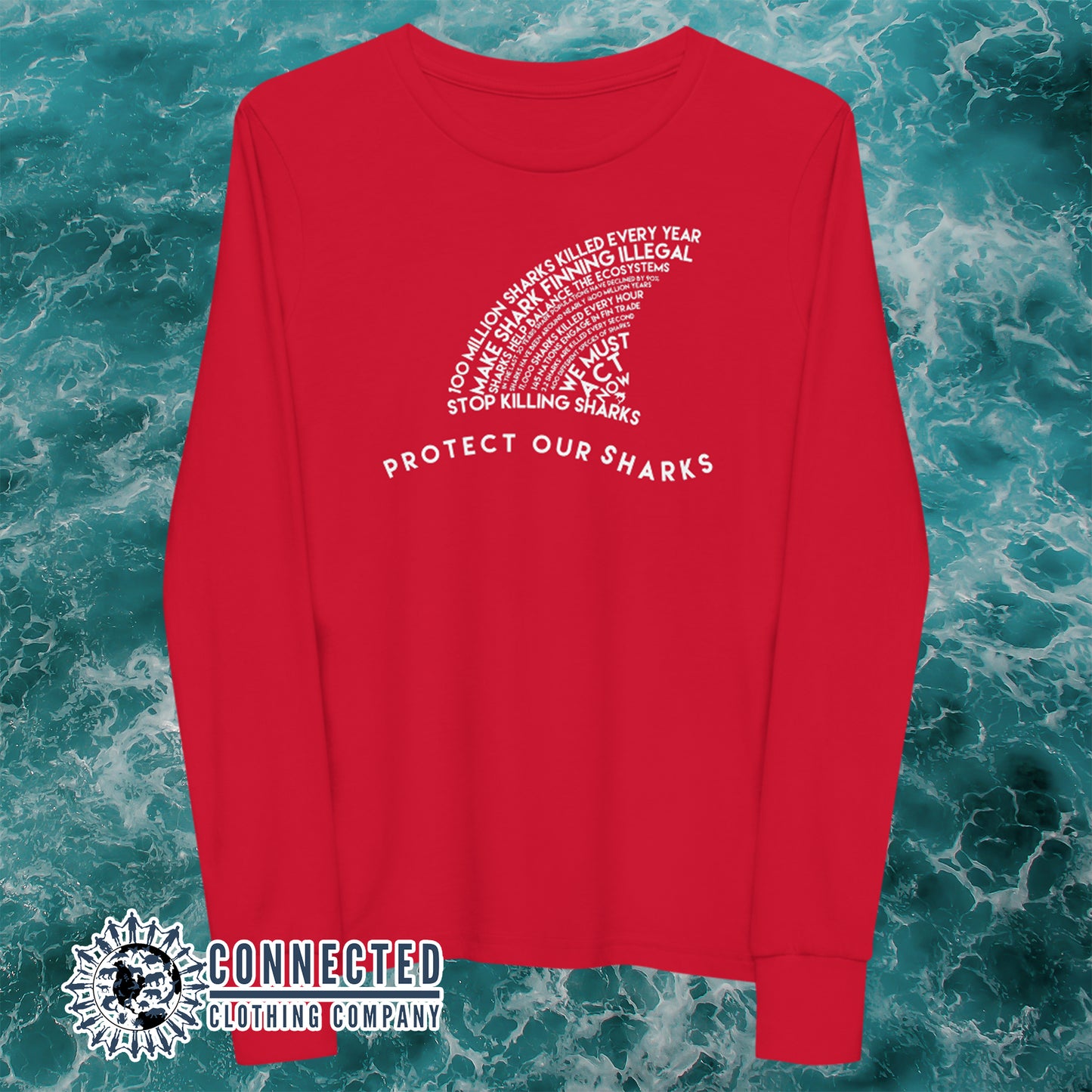 Red Protect Our Sharks Youth Long-Sleeve Tee - sweetsherriloudesigns - Ethically and Sustainably Made - 10% donated to Oceana shark conservation