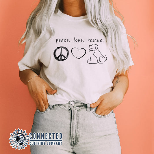 White Peace Love Rescue Short-Sleeve Tee - getpinkfit - Ethically and Sustainably Made - 10% donated to Villalobos Animal Rescue Center