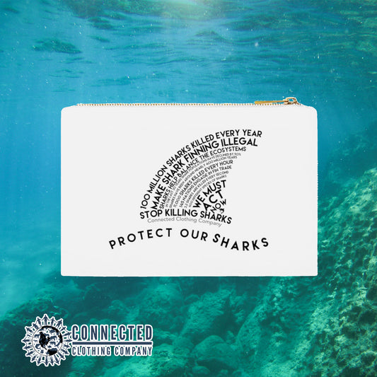 White Protect Our Sharks Cosmetic Bag - sweetsherriloudesigns - Ethically and Sustainably Made - 10% of profits donated to shark conservation and ocean conservation