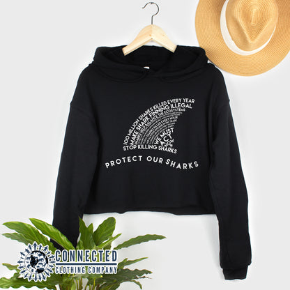 Black Protect Our Sharks Crop Hoodie - sweetsherriloudesigns - Ethically and Sustainably Made - 10% of profits donated to shark conservation and ocean conservation