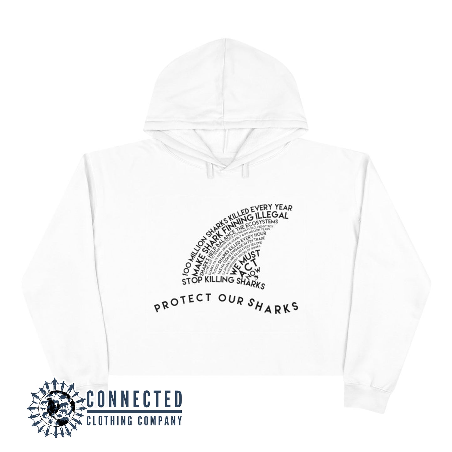 White Protect Our Sharks Crop Hoodie - sweetsherriloudesigns - Ethically and Sustainably Made - 10% of profits donated to shark conservation and ocean conservation