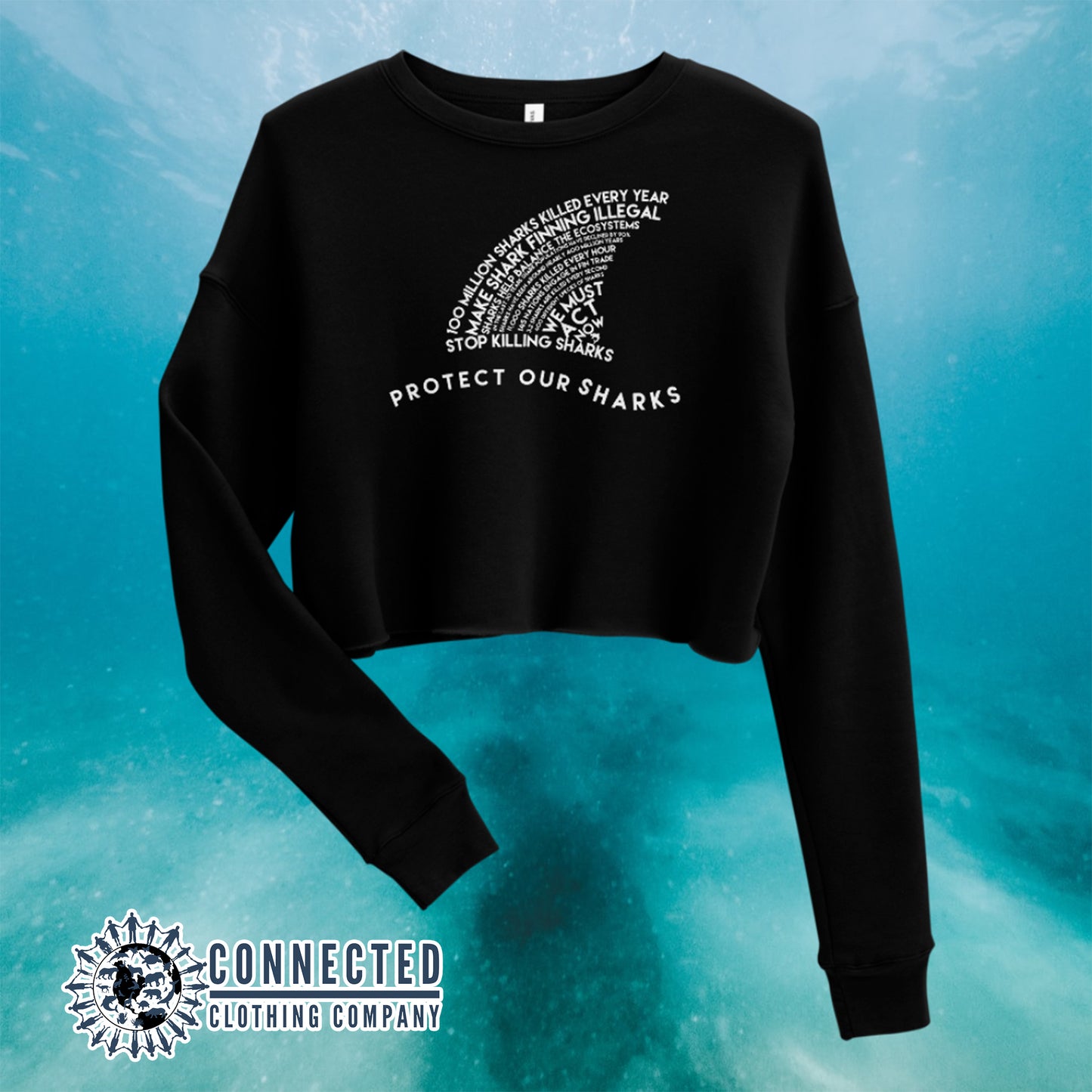 Black Protect Our Sharks Crop Sweatshirt - sweetsherriloudesigns - Ethically and Sustainably Made - 10% of profits donated to shark conservation and ocean conservation