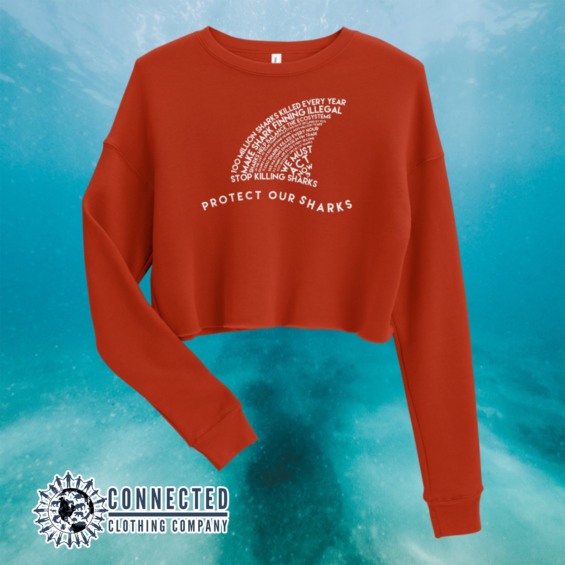 Brick Red Protect Our Sharks Crop Sweatshirt - sweetsherriloudesigns - Ethically and Sustainably Made - 10% of profits donated to shark conservation and ocean conservation